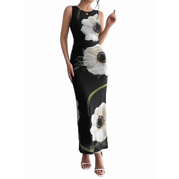 Womens Long Maxi Dresses Floral Crewneck Sleeveless Knit Bodycon Wedding Guest Sun Dress Black XXL