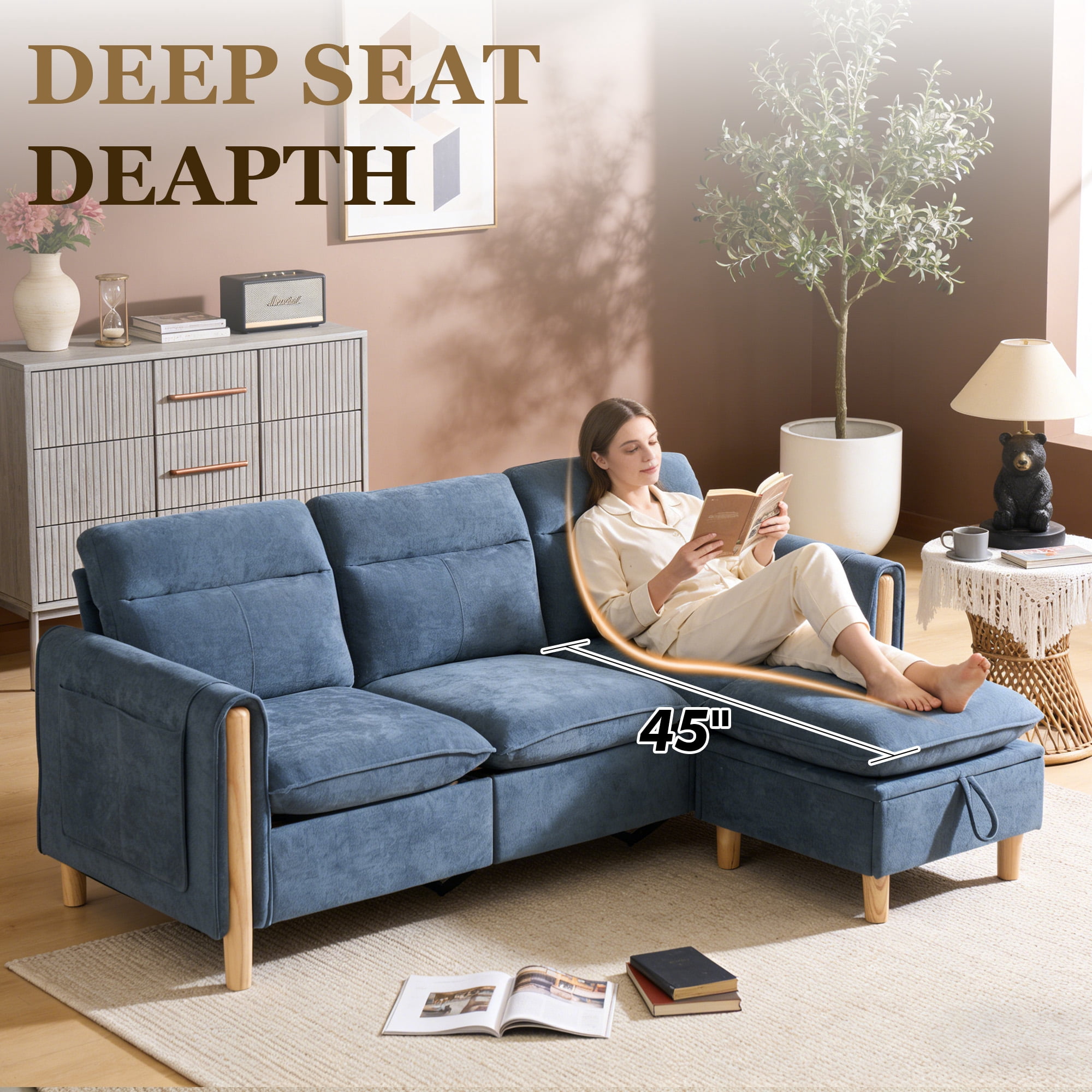 MOONMISS 3-Seater Chenille Sectional Sofa with Storage Ottoman & Side Pocket Convertible Chaise Lounge for Living Room,Blue