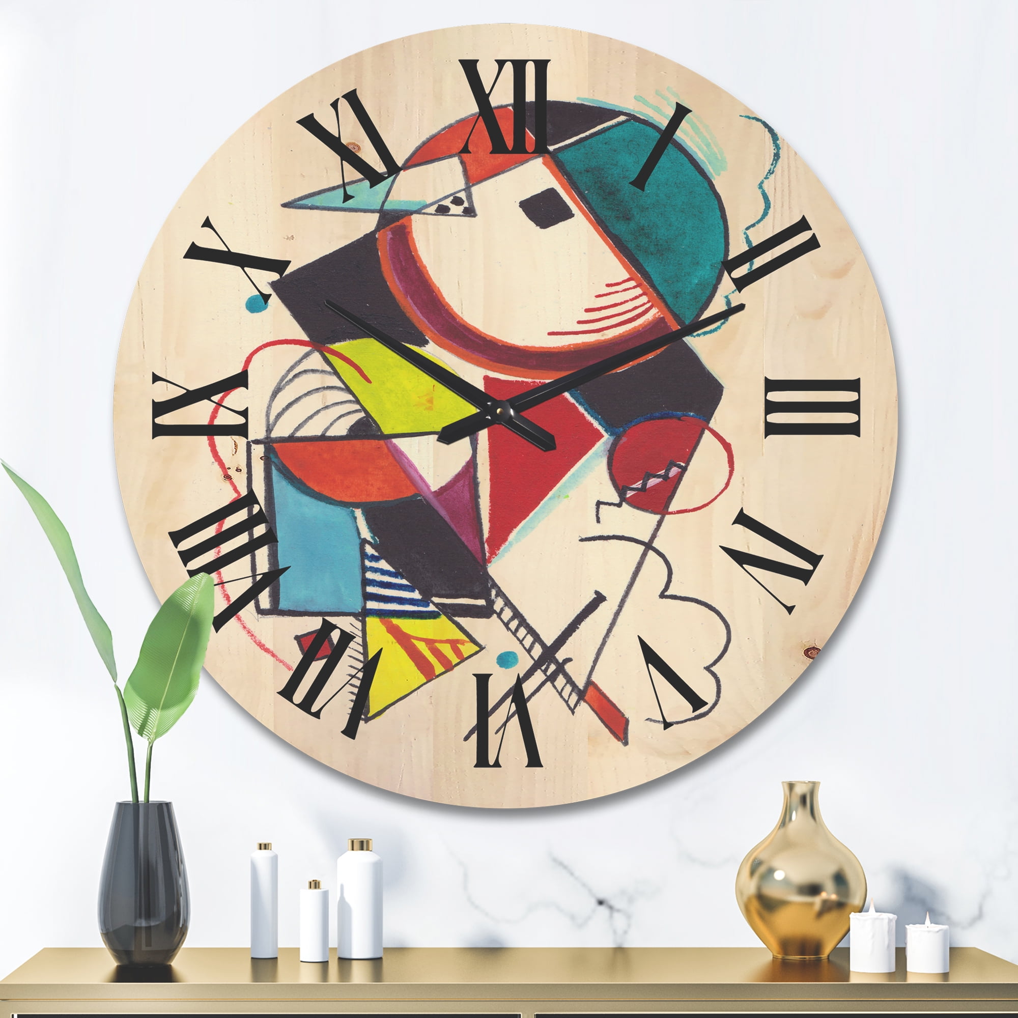 Designart 'Abstract Compositions Of Colored Geometric II' Modern Wood Wall Clock