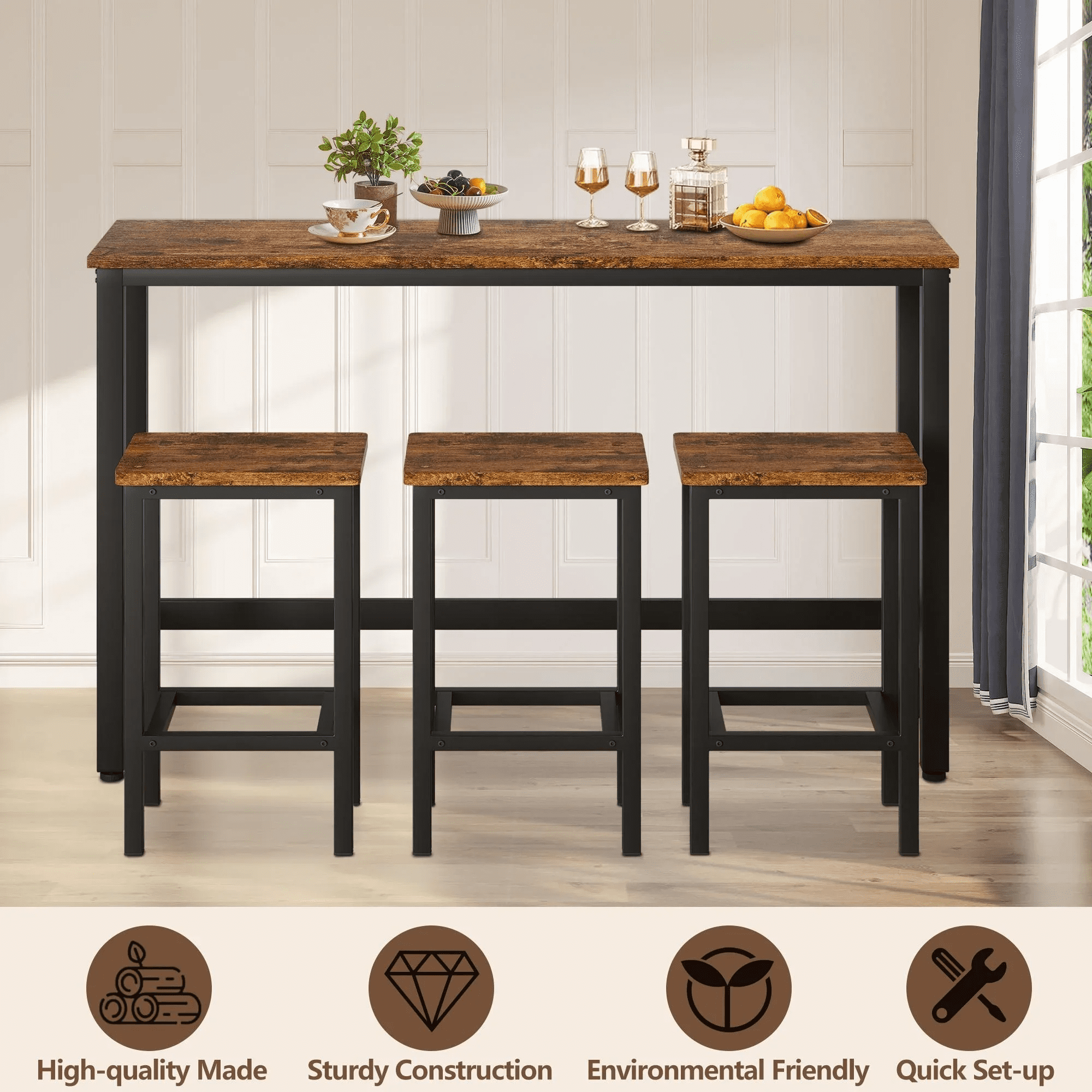 Small Kitchen Table Set for 3, Modern Dining Room Table Set with 3 Stools, Extra Long Bar Table Set, Wooden Pub Table, and Chairs Set, Saving Space Patio Restaurant Bistro Table Set, Brown