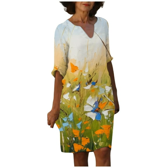 Women's Feather Print Casual V Neck Dress Short Sleeve Summer Beach Dress Flowy Comfortable Stylish Elegant Feminine Outfit