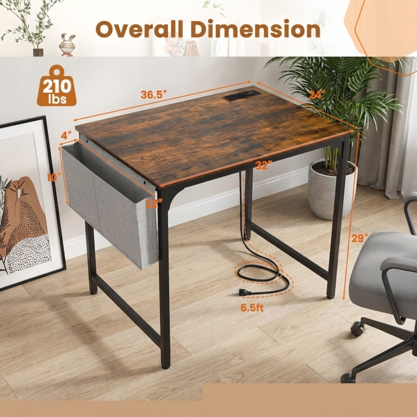 Furnibear 32 Inch Home Office Writing Desk with Charging Station Storage Bag and Headphone Hook - Rustic Brown