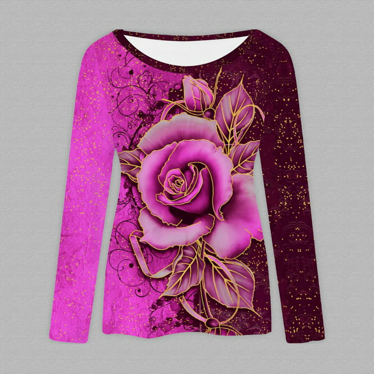LBECLEY Womens Tops Polyester Long Sleeve Womens Fashion Long Sleeve Round  Neck Rose Flower Print T Shirt Top V Neck Long T Shirt T Shirts for Women  Hot Pink Xl 