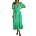 thumbnail image 3 of Franhais Women's Summer Casual Midi Dress Rufflled Hem Solid Color Lantern Sleeve V Neck Pleated Dresses, 3 of 9