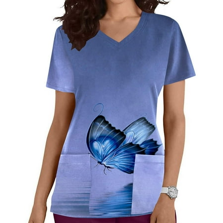 

SELONE Scrub Tops Women Plus Size Print Short Sleeve Tops Blouses Regular Fit T Shirts Pullover Tees Tops Graphic Print T-Shirts V Neck Tops Blouses With Pockets T Shirts Breathable Pullover Blue XXL
