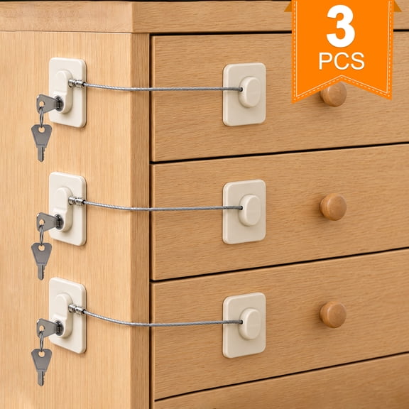 3 Pack Child Safety Lock, Cabinet Lock with Key, Window Safety Lock, Refrigerator Lock, Drawer Lock, No Drill Adhesive Cable Locks for Cabinets, Fridge, Drawers