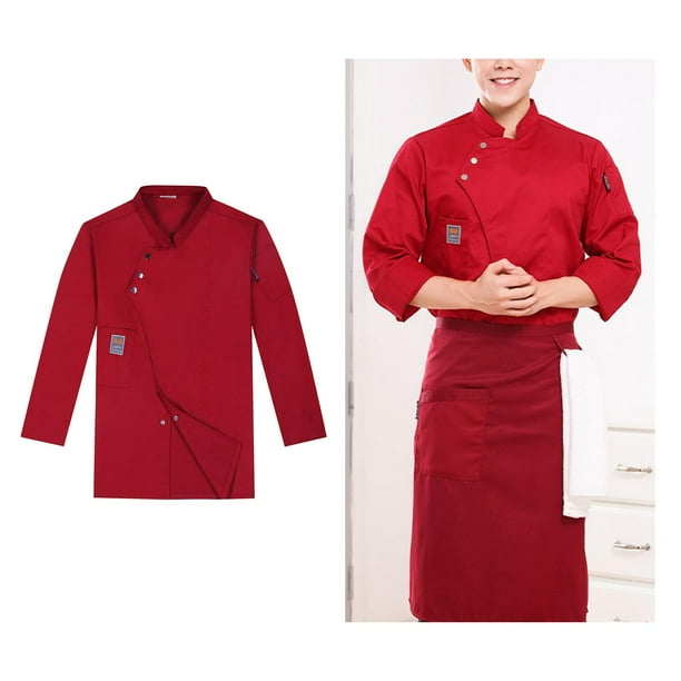 Chef Coat Camarero de cocina Ropa de camarera Chef Wear Button ligera Uniforme para Hotel Servicio de comida Cocina Pub Hombres L rojo