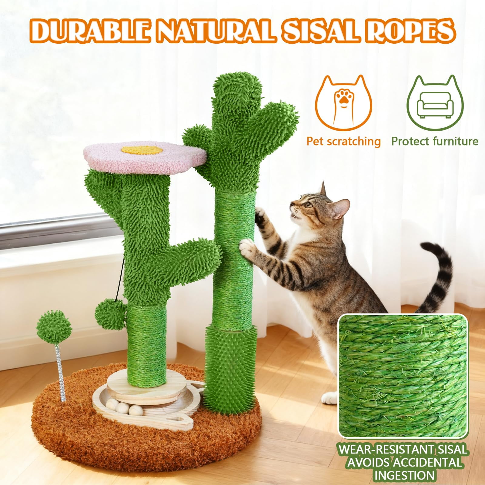 New DIY Cactus Cat Scratching Post - 9+ Custom Installation Styles , Modular Sisal Scratcher with Self-Grooming Brush & Ball Toy , Customizable Cat Furniture for Indoor Cats & Kittens