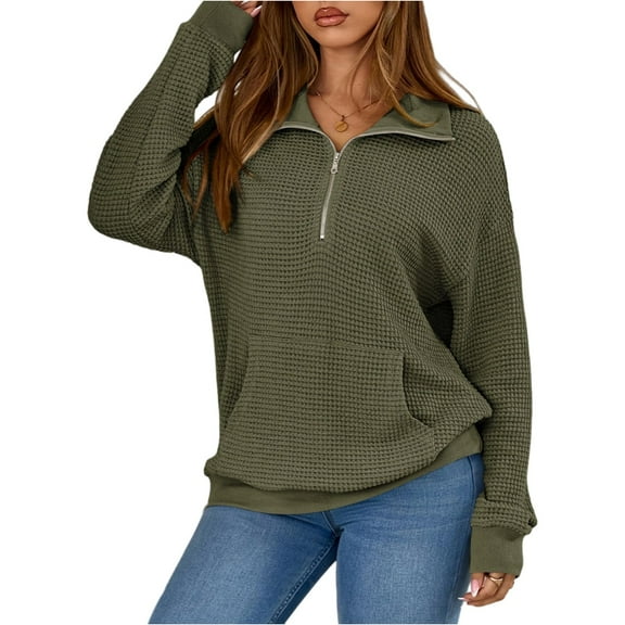 WTOBBY Women's Solid Color Pullover Hoodie, Fashion Long Sleeve Casual Top, Cozy Streetwear Sweatshirt with Ribbed Hem and Cuffs for Comfort Fit,Army Green L
