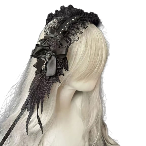 URTERYSER Elegant Lace Trim Headband With Angelic Wing Anime Hairhoop Hair Decoration For Special Occasion Masquerade Headpiece Black