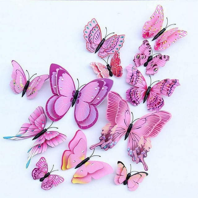 12 Pcs Autocollants Butterfly Tridimensionnels à Double Couche, Autocollants Butterfly Créatifs pour Réfrigérateur avec Colle, Autocollants pour Garde-Robe