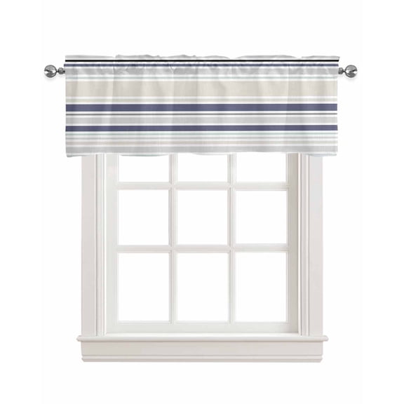 Blue Stripe Kitchen Valances for Windows Farmhouse Linen Window Valance Curtain for Living Room Window Treatment Farmhouse Geometric Grey Horizontal Striped Valance Rod Pocket Topper, 60 x 18 Inch