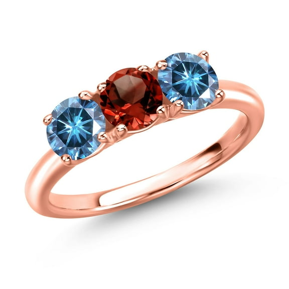 Gem Stone King 18K Rose Gold Plated Silver Red Garnet and Persian Blue Moissanite Engagement Ring for Women | 1.55 Cttw | Round 5MM | Gemstone January Birthstone | Size 6