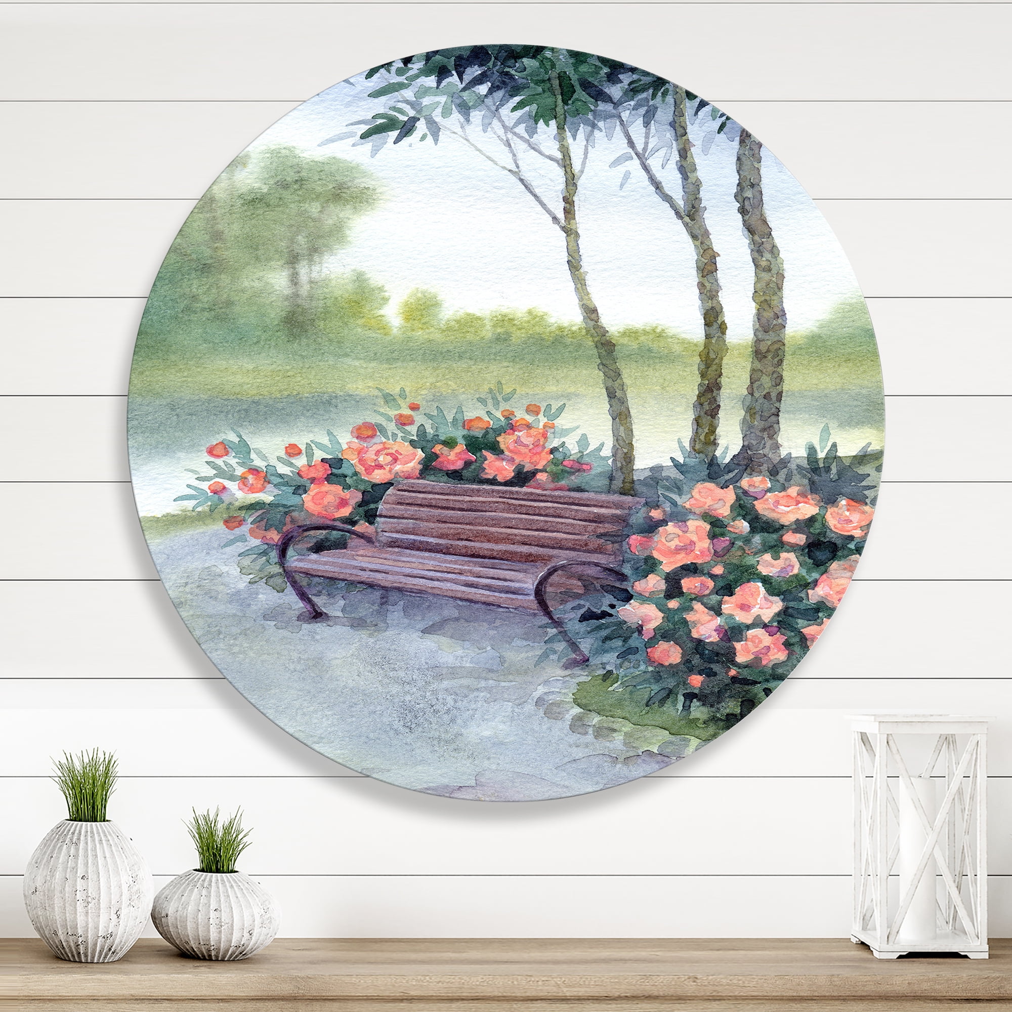 Designart 'Bench In Park By The Pions Flowers Bushes' Traditional Circle Metal Wall Art 23x23 - Disc of 23