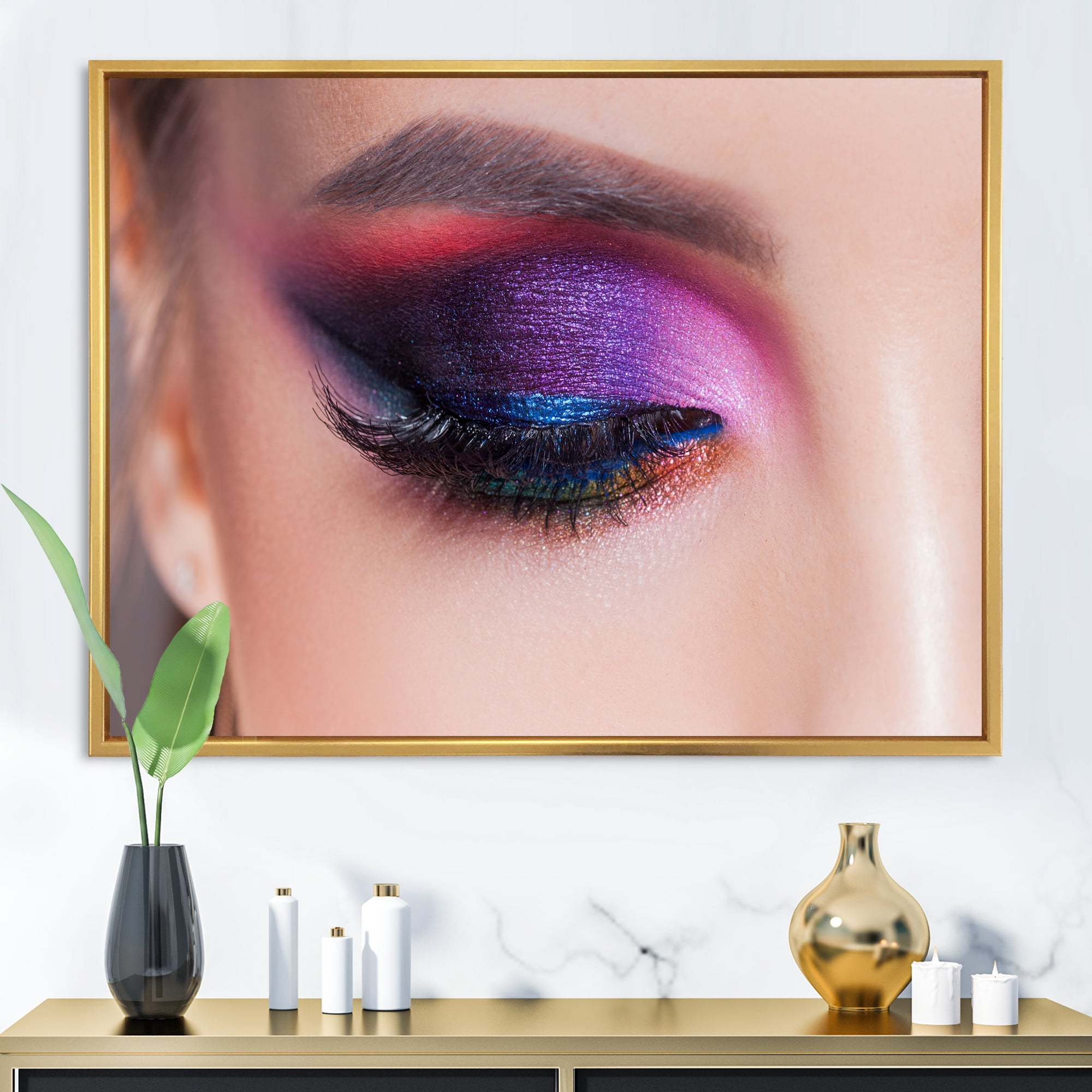 Designart 'Bright Eye Makeup In Luxurious Blue And Pink Shades' Modern Framed Canvas Wall Art Print