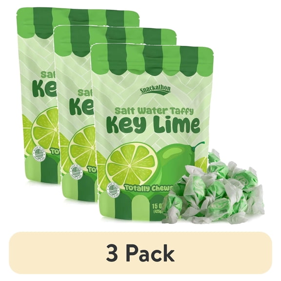 (3 pack) Snackathon Salt Water Taffy Single Flavor, Key Lime, Bulk Individually Wrapped Gourmet Candy, Soft & Chewy Sweet Treats, 15 oz Resealable Bag