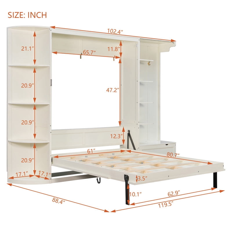 Queen Murphy Bed with Shelves, Coat Hook & Hidden Storage Cabinet, Space-Saving Wall Platform Bed with Built-in Lights