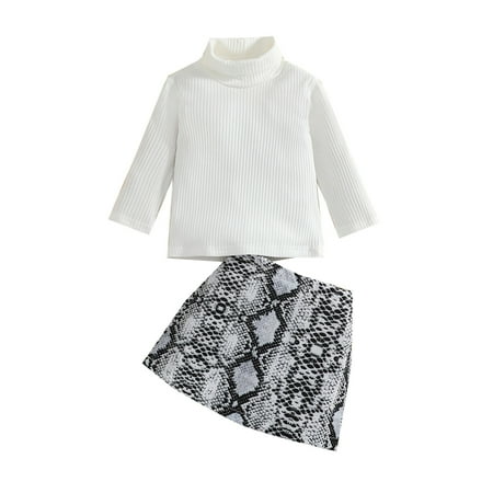 

Kids Toddler Baby Girls Autumn Winter Ribbed Printed Cotton Long Sleeve High Collar Tops Pattern Skirts Outfits Clothes