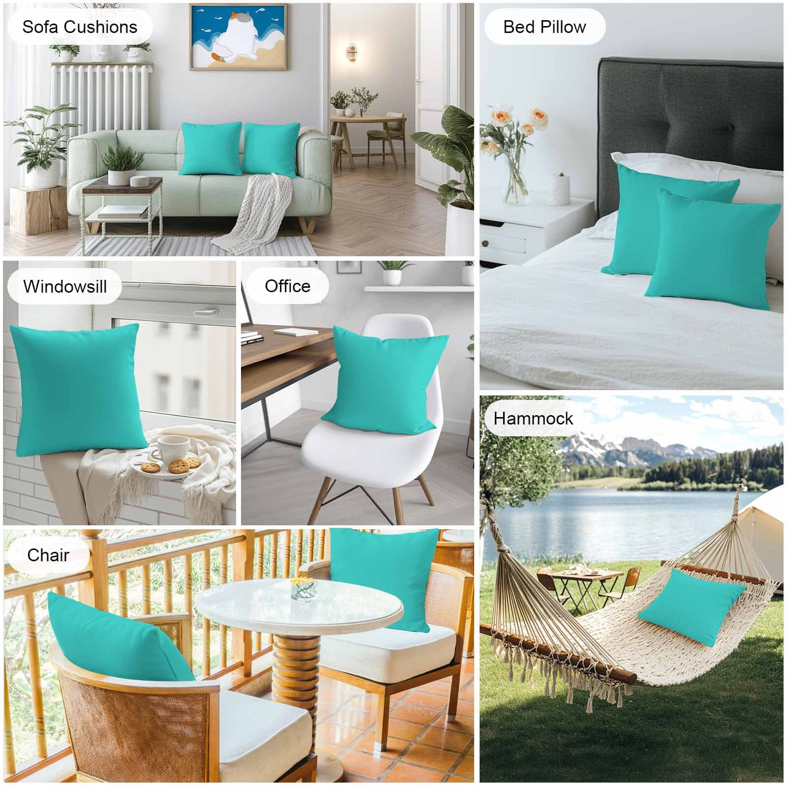 Boanket Outdoor Pillow Covers 16 x 16 Inches, Turquoise Waterproof Throw Pillow Cover Set of 2, Modern Pure Turquoise Decorative Square Cushion Covers for Patio/Tent/Couch/Garden