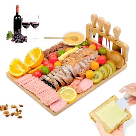RYLZX Bamboo Cheese Board and Knife Set House Warming Gifts for New Home Gift for Mom Couples Bridal Shower Bridesmaid Gifts (14 x 11 x 0.59 inches)