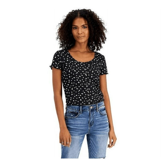 Hippie Rose Women's Juniors' Ruffled-Trim Snap-Front T-Shirt Black S B4HP