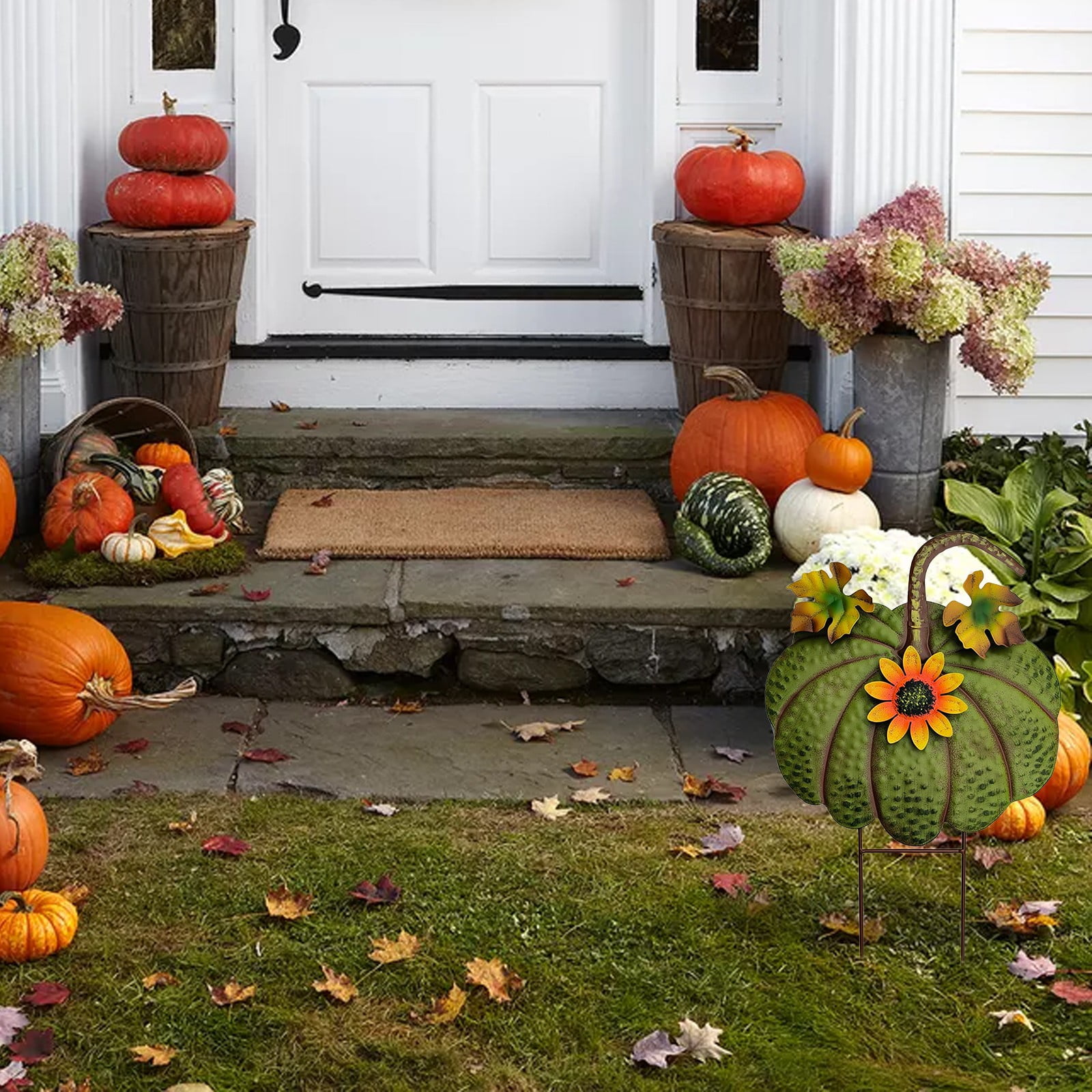 ZLBDYG Rustic Metal Pumpkin Hanging Decoration & Stake Garden Outdoor Decor - Fall Thanksgiving Yard Sign with Green Stem for Lawn Pathway Porch Autumn Festival Seasonal Decoration
