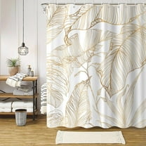 Tropical Shower Curtain, White and Gold Tropical Palms Monstera Banana Leaf Summer Bathroom Curtain Waterproof Fabric Machine Washable with Hooks, 84" Wx72 L