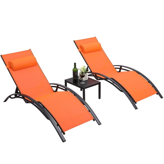 LAZY BUDDY Outdoor Chaise Lounge Set of 3, Adjustable Reclining Patio Chairs with Side Table & Headrest for Poolside Backyard