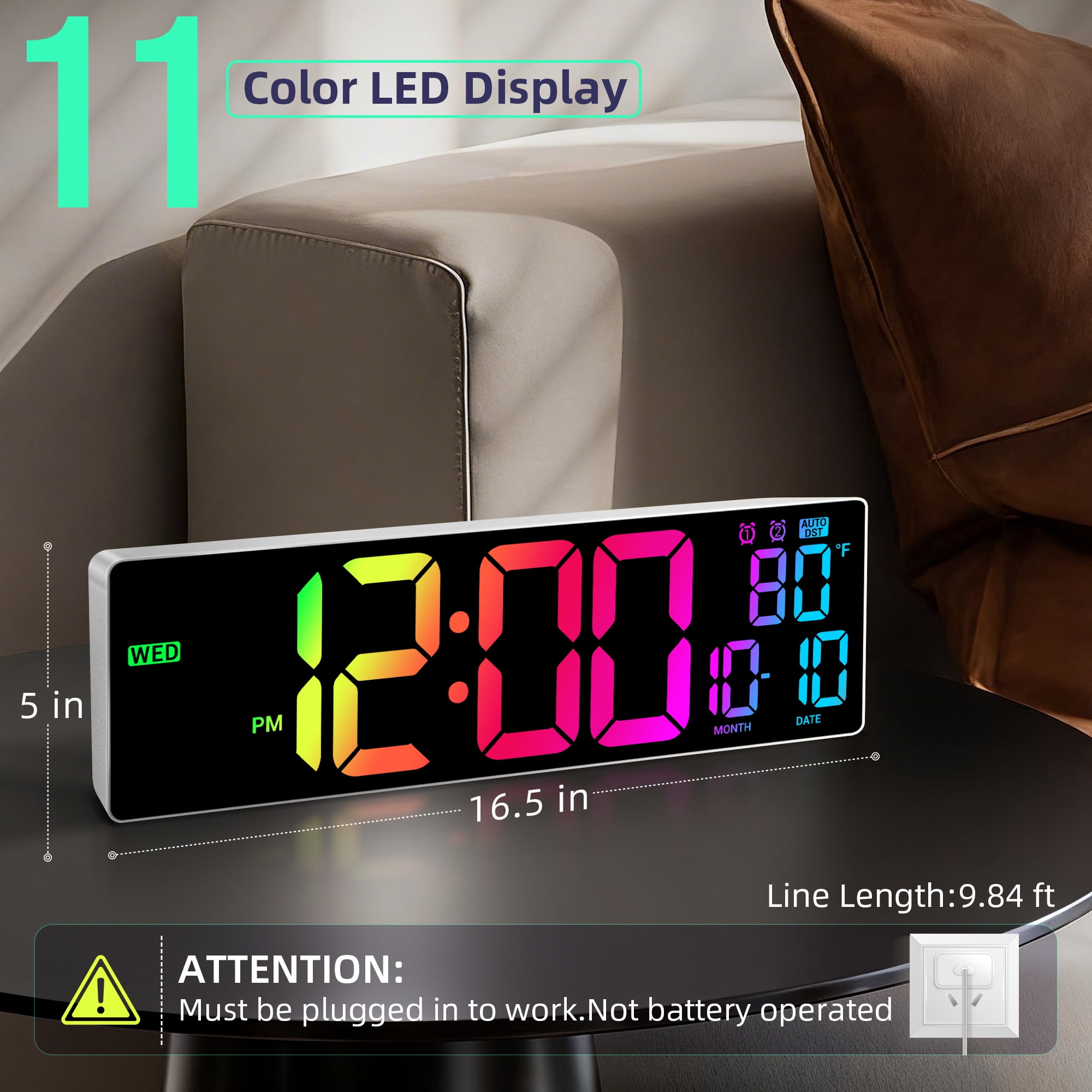 16.5" Large Digital Wall Clock: 11 RGB Color LED Display with Remote Control, Auto DST, Temperature & Date, Big Number Wall Clock for Seniors, Classroom, Office, Gym, Home Decor Khaki
