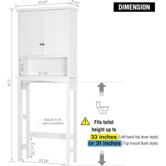Over The Toilet Storage Cabinet, Bathroom Above Toilet Cabinet Organizer with Adjustable Shelves, White