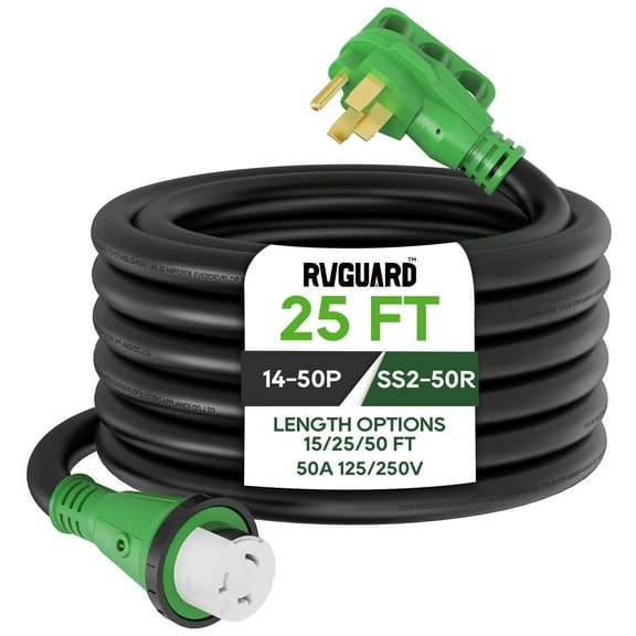 RVGUARD 50 Amp 25 Foot RV Power Cord, 14-50P to SS2-50R Generator Extension Cord, Heavy Duty STW Cord with LED Power Indicator and Cord Organizer, Green, ETL Listed