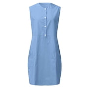 Kctiaxy Summer Dresses for Women Crew Neck Sleeveless Tank Dress Casual Front Button Mid Length Dresses with Pockets