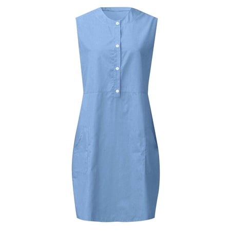 Kctiaxy Summer Dresses for Women Crew Neck Sleeveless Tank Dress Casual Front Button Mid Length Dresses with Pockets