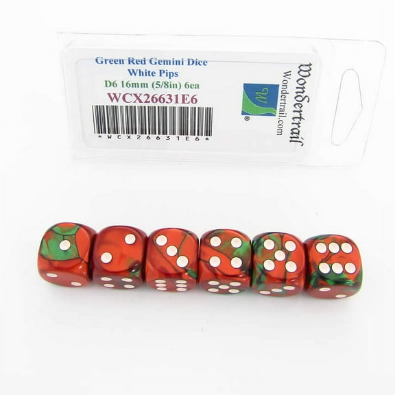 Green and Red Gemini Dice with White Pips D6 16mm (5/8in) Pack of 6 Wondertrail