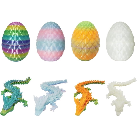 3D Printed Dragon Eggs with Mini Articulated Crystal Dragons Inside - 7in Multicolor Fantasy Decor, Collectible Figurines for Kids & Adults - Perfect Christmas Ornament & Easter Basket Gift (4PCS-02)