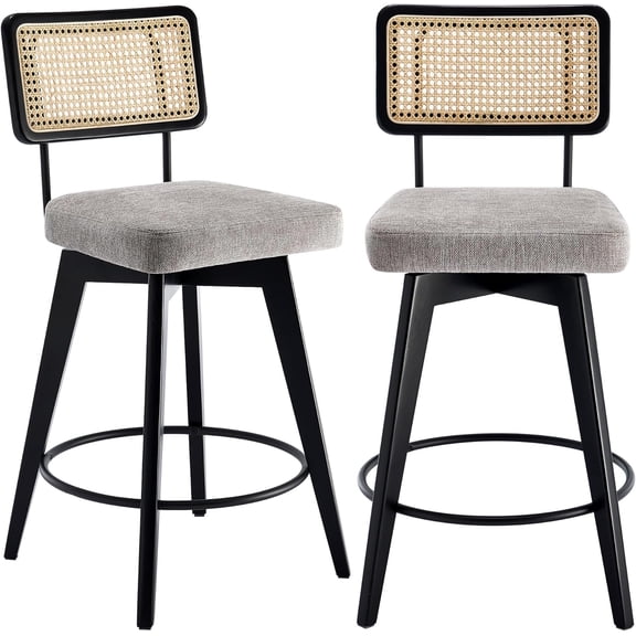 26” Natural Rattan Bar Stools, Swivel Solid Wood Counter Stool Set of 2, Upholstered Armless Bar Chairs with Wooden Legs for Kitchen Island, Grey Linen
