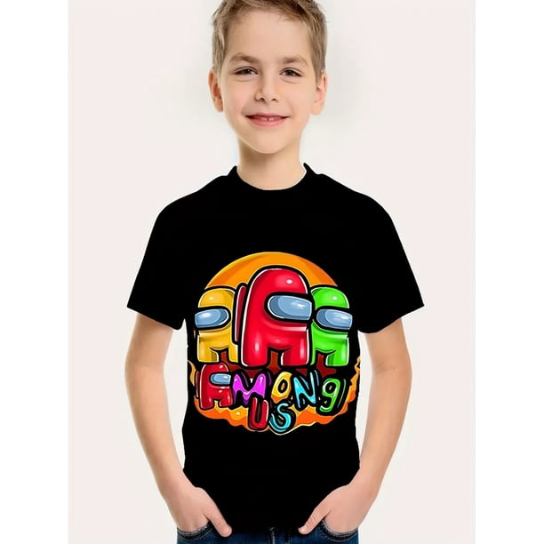 Boys' 3D Print Short Sleeve Cartoon T-shirt, Cotton Casual Crew Neck Slight Stretch Summer Weekend Casual Wear