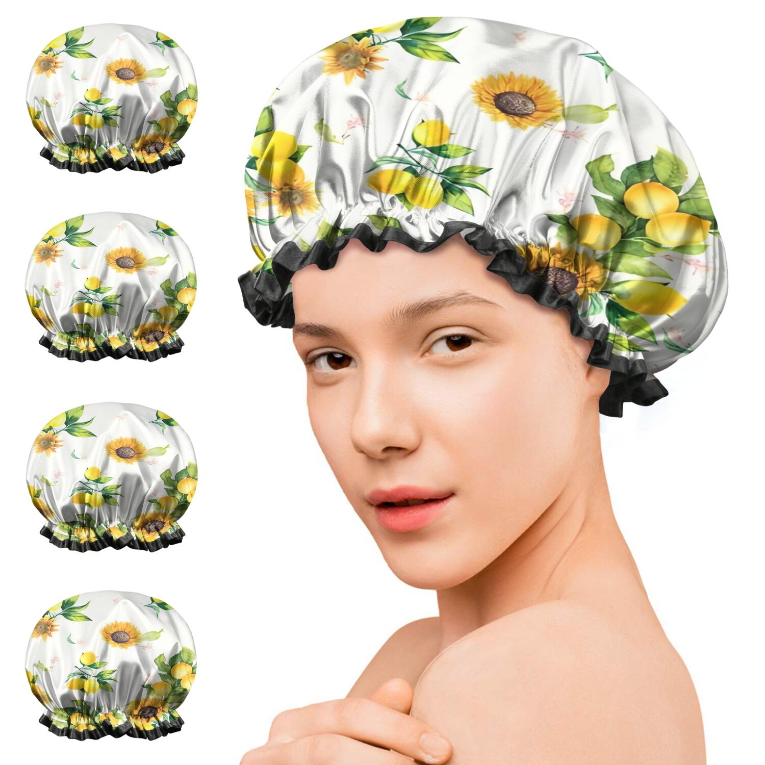 Shower Caps,Yellow Lemon Fruit Sunflowers White Pattern Waterproof Shower Cap for Women 4 Pieces,Double Reusable Hair Cover for Shower PEVA Elastic Stretch Hem