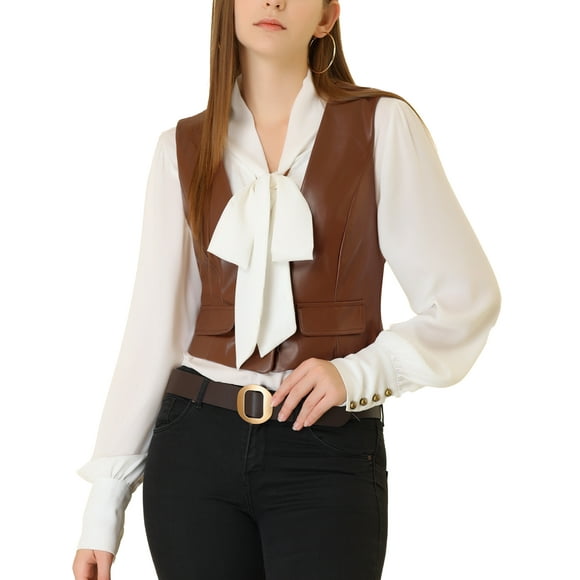 INSPIRE CHIC Women's Vintage Vest Button Front Sleeveless PU Faux Leather Vest