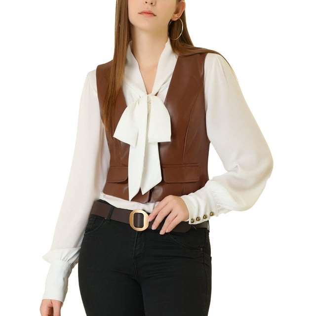 INSPIRE CHIC Chaleco de cuero de imitación de PU sin mangas con botón de chaleco vintage para mujer Marrón XS