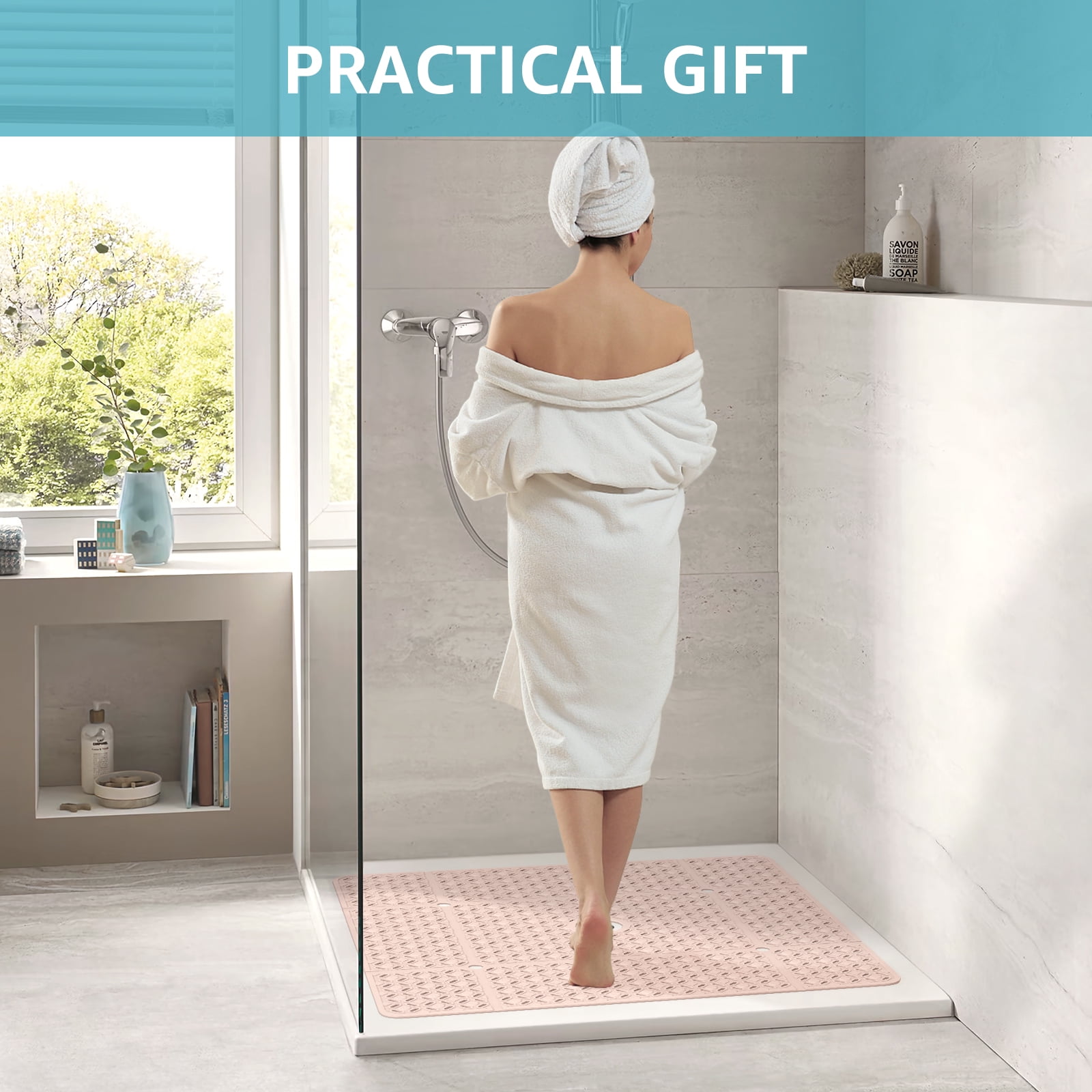 OTHWAY Square Shower Mat,27"x27" Extra Large Bath Mat,TPE Non-Slip Shower Floor Mat with Suction Cups & Drain Holes,Quick-Drying Shower Mat for Bathroom Decor (Baby Pink)