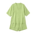 thumbnail image 4 of Mifsaly 2 Piece Short Sets for Women Summer Casual Vacation Linen Matching Outfits V Neck Tunic Top and Shorts with Pockets Green,XXL, 4 of 6