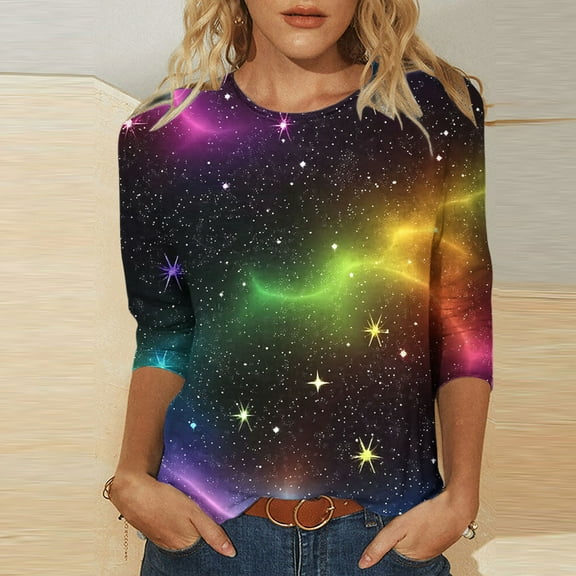 Plus Size Tops for Women under $5 3/4 Sleeves Round Neck Printed T-shirt Casual Tops Multicolor 2XL