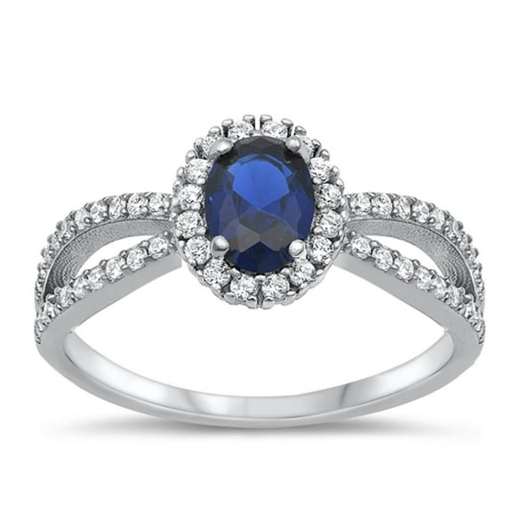 Oval Blue Simulated Sapphire Halo Ring .925 Sterling Silver Band CZ Jewelry Female Size 4