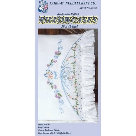 Lace Edge Pillowcases - Fairway Needlecraft Ribbon And Bows Lady Stamped Lace Edge Pillowcase Pair, 30