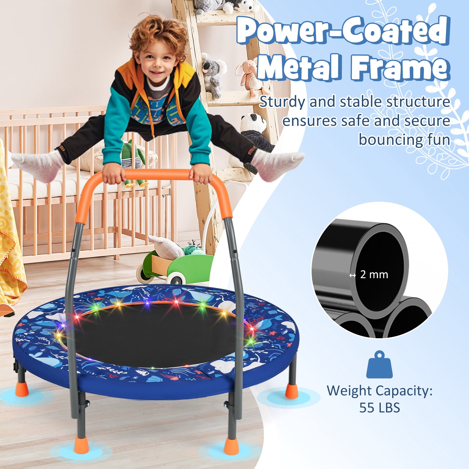 Gymax 36'' Foldable Kid Trampoline w/ 20 LED Lights Foam Handlebar Padded Safety Cover Navy