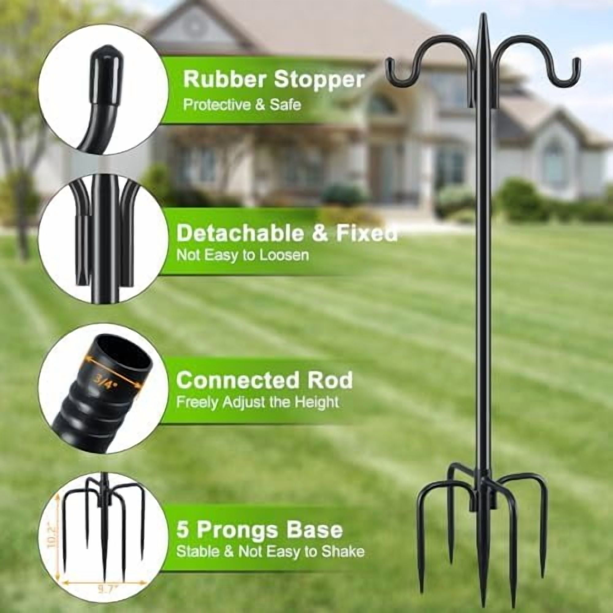 Double Shepherds Hook for Outdoor, 108 Inch Heavy Duty Bird Feeder Pole 3/4 Inch Thick Garden Hooks for Hanging Hummingbird Feeder, Plant Baskets, Solar Light Lanterns, 1 Pack