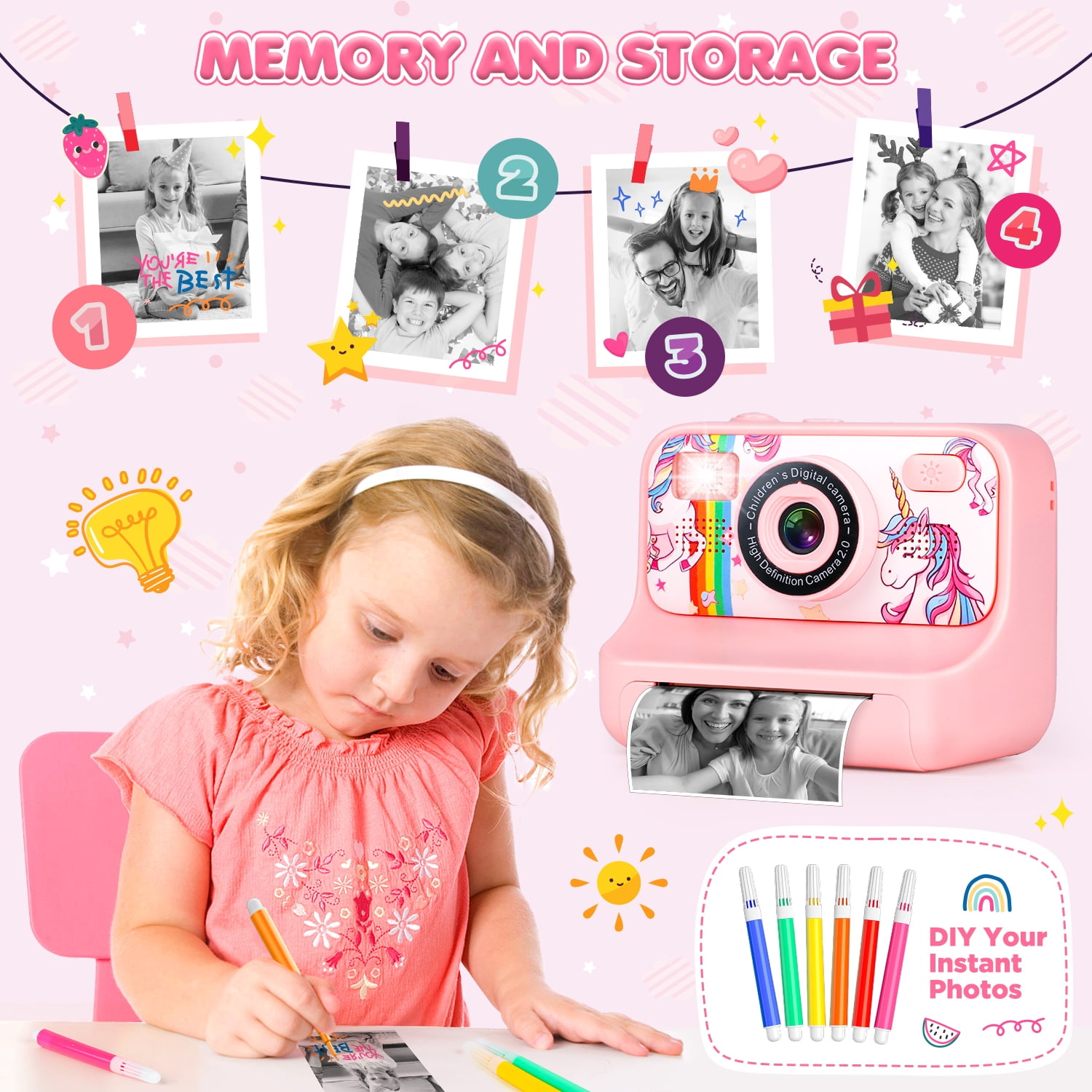 UQN Kids Digital Camera, 1080p Instant Print Camera for Boys Girls 3-10 Years Old, 32GB Unicorn Photo Toys, Birthday Christmas Gifts for 3 4 5 6 7 8 Year Old Kids Toddlers-Pink