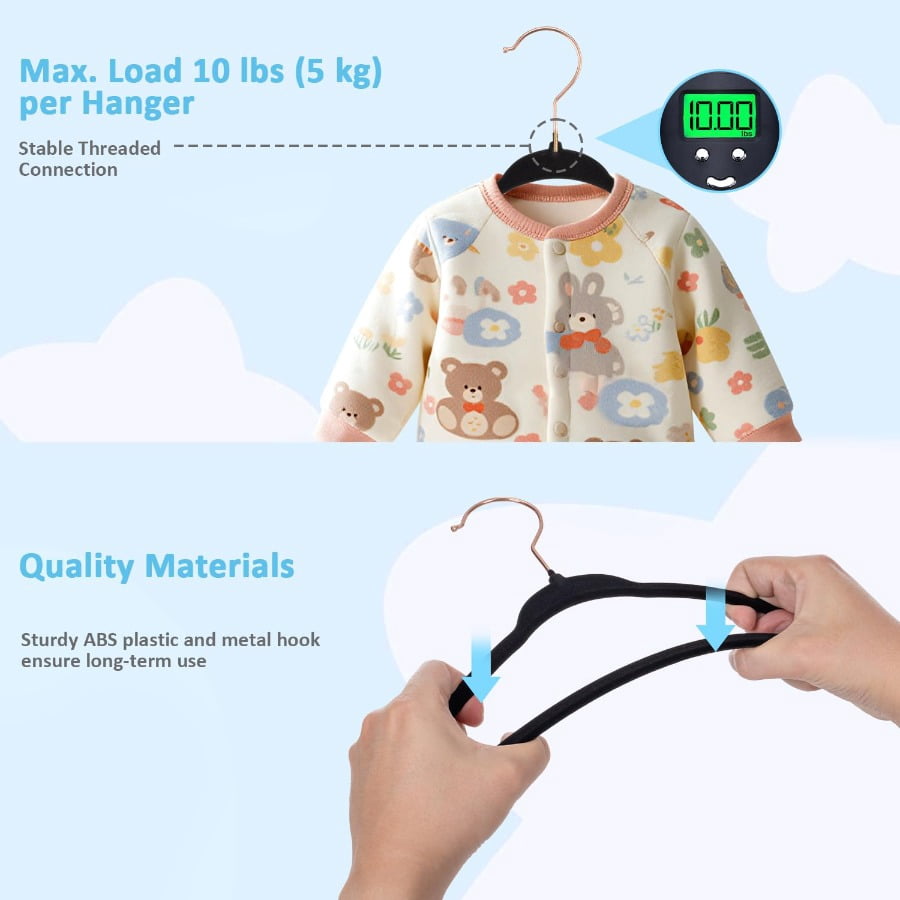 Tonswachic Baby Velvet Hangers 30 Pack - 11 Inch Premium Felt Non Slip Kids Hanger for Infant & Toddler Clothes - 0.2" Slim Space-Saving Baby Felt Hangers for Children's Closet with 10 Clips - Beige