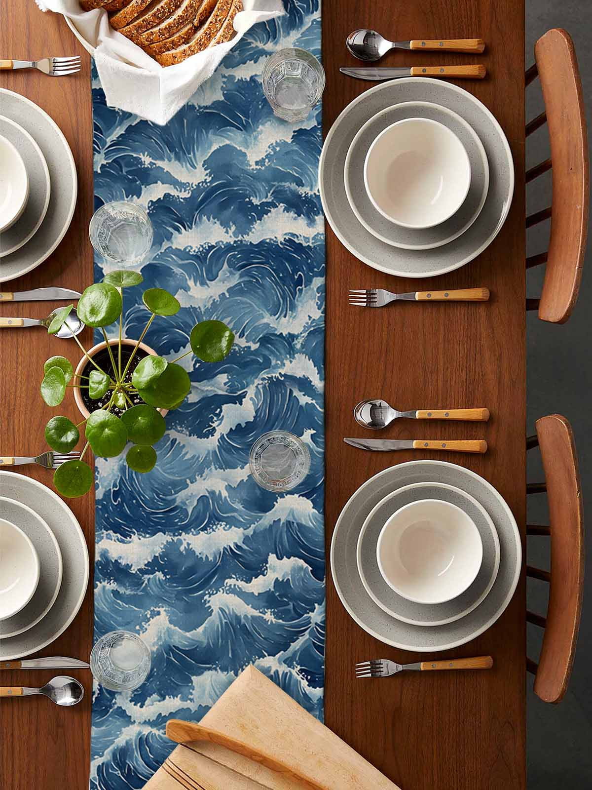 nqOlkjepod Ocean Waves Table Runner 70 Inches Long Farmhouse Dress Scarves, Summer Beach Coastal Nautical Burlap Dining Tablerunner for Coffee Table/Kitchen Island/Party Décor, 13" x 70"